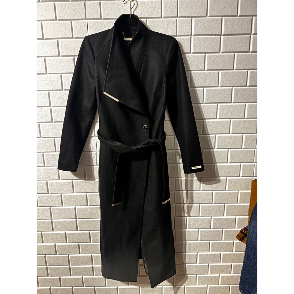 Ted Baker London Black Wool Cashmere Wrap Coat Funnel Neck Belted Long Jacket 1